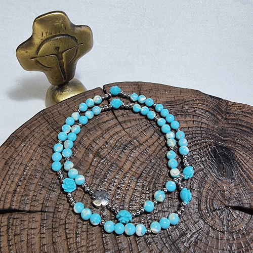 하늘색 장미꽃 5단  묵주팔찌(2줄)